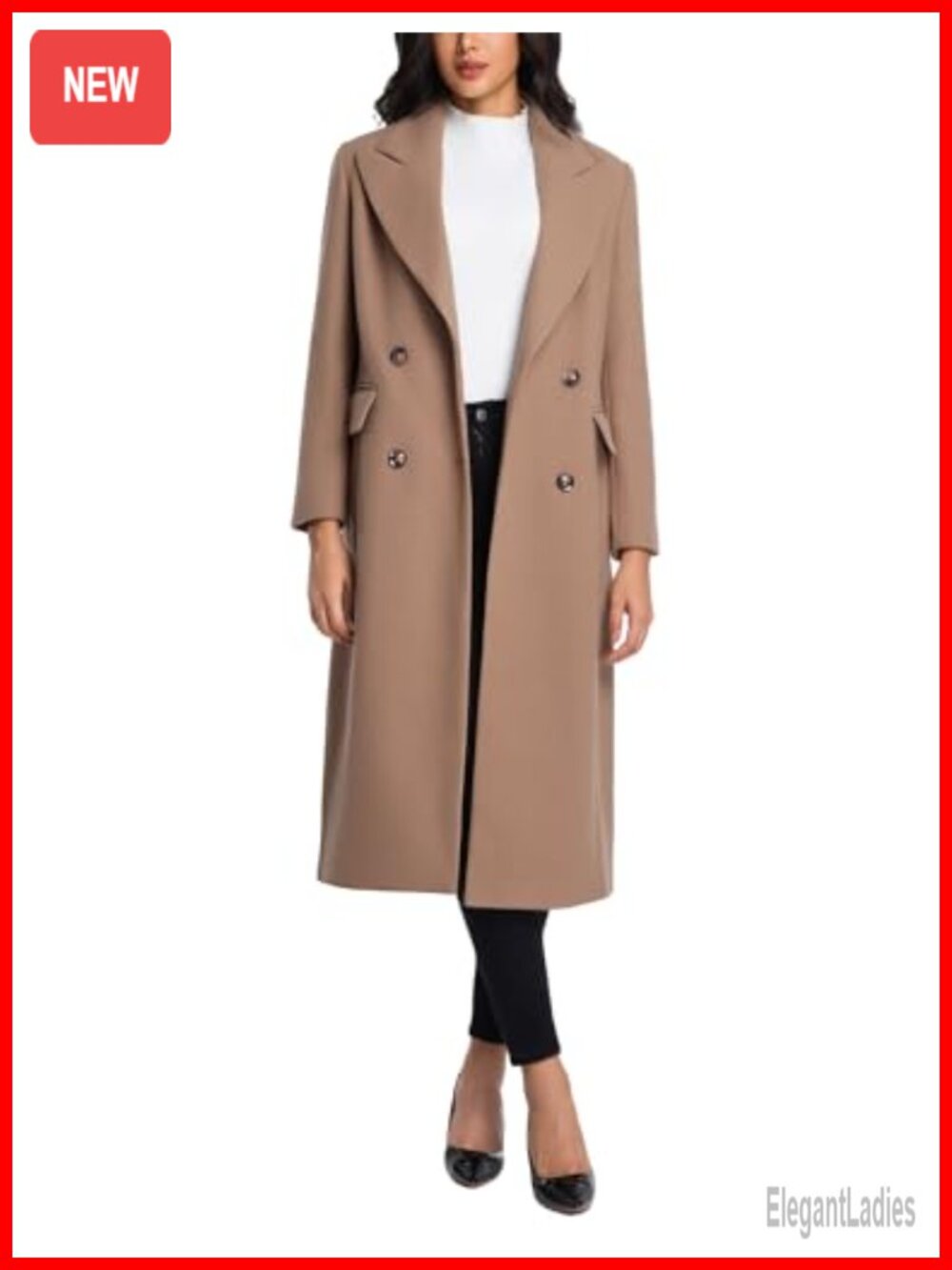 Womens Long Wool Blend Pea Coat Double Breasted Trench Winter